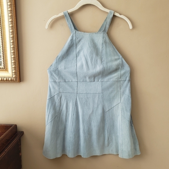Free People Leather Goat Suede Leather Blue Pinafore Apron Mini Dress Size XS - Picture 6 of 7